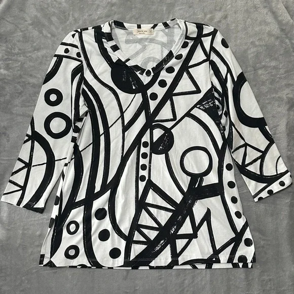 Lot of 2 - Jess & Jane Abstract Geometric 3/4 Sleeve Tops Black White Abstract S - Picture 3 of 15